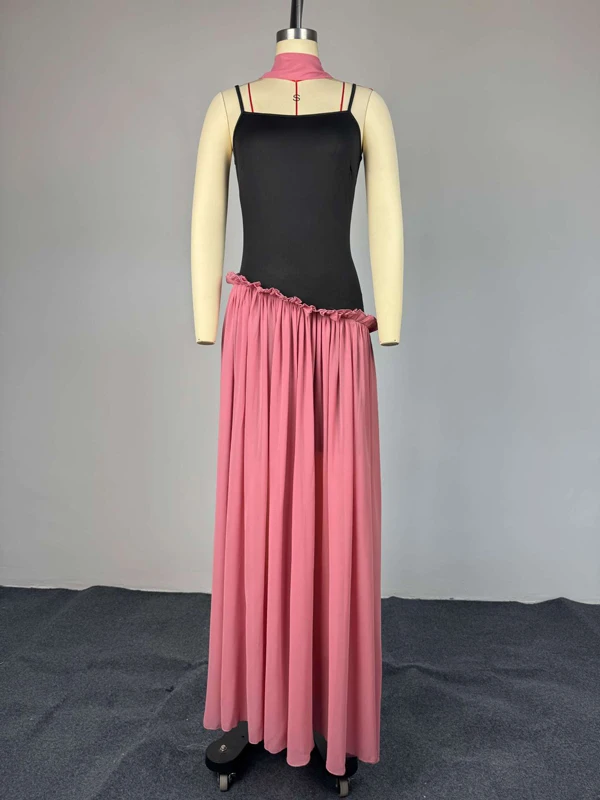 Damen Maxikleid mit Spaghettiträgern, Farbblock-Chiffon, langes Kleid mit Halter-Schal-Dekor, Rüschenbesatz, elegante Party- und Abendkleider – Detail 4