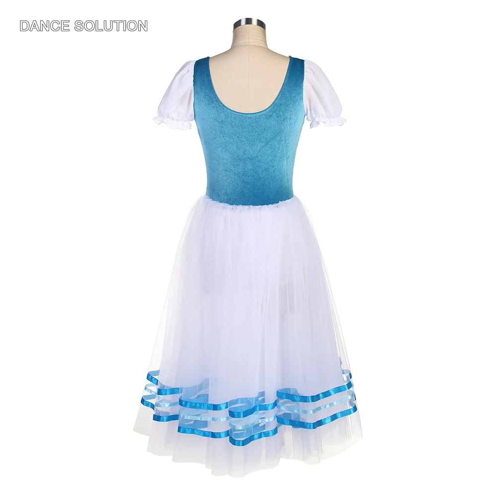 23083 Adult Kids New Ballet Dance Costume Lake Blue Stretch Velvet Bodice with White Romantic Skirt Performance Dress for Girls