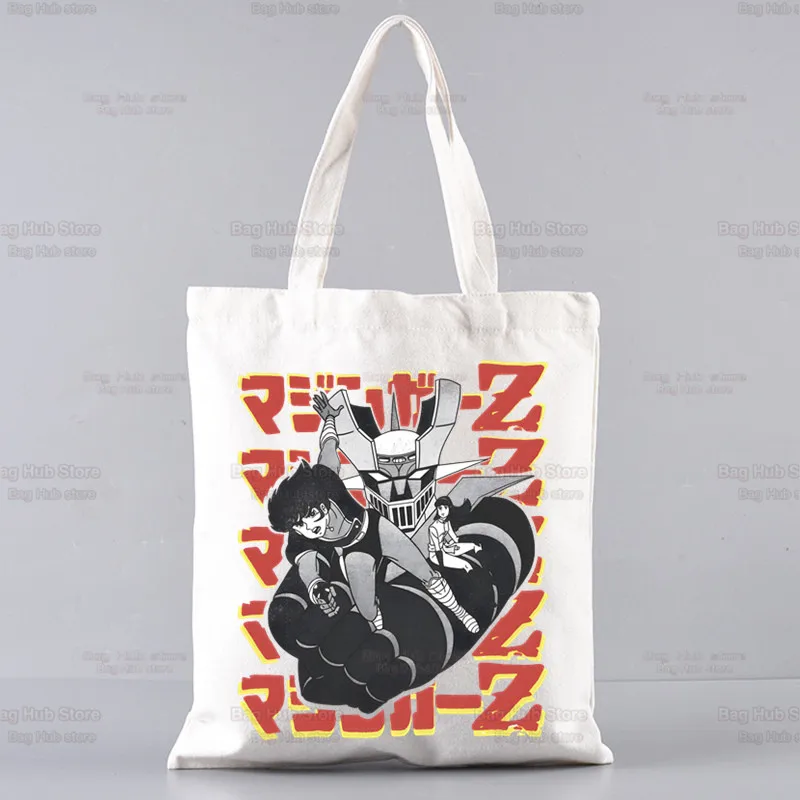 Mazinger Z Anime Robô Harajuku Sacola de compras para mulheres, grande sacola de lona reutilizável, bolsa de ombro casual, sacos de compras