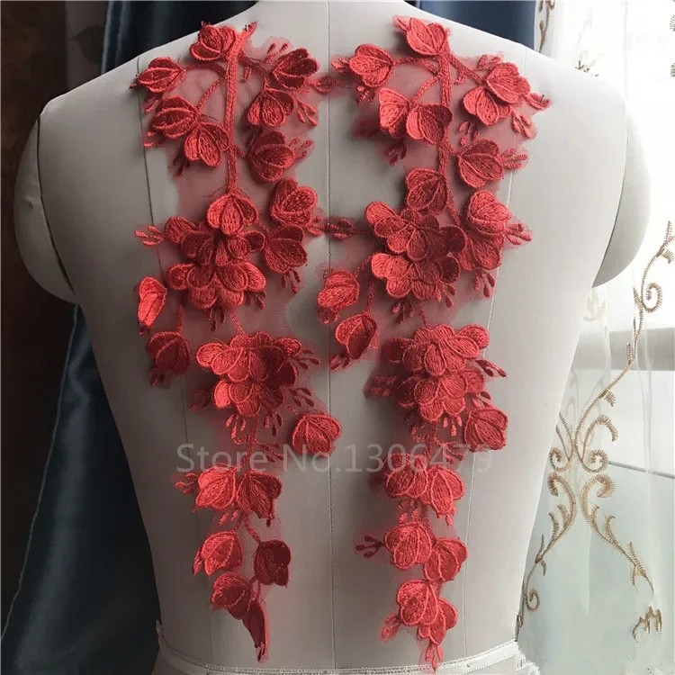 Applique solubile in acqua con toppa in pizzo 3D, accessori per abiti da sposa, bianco, fiori di pizzo rosso, RS979, 4 pezzi, 2 paia