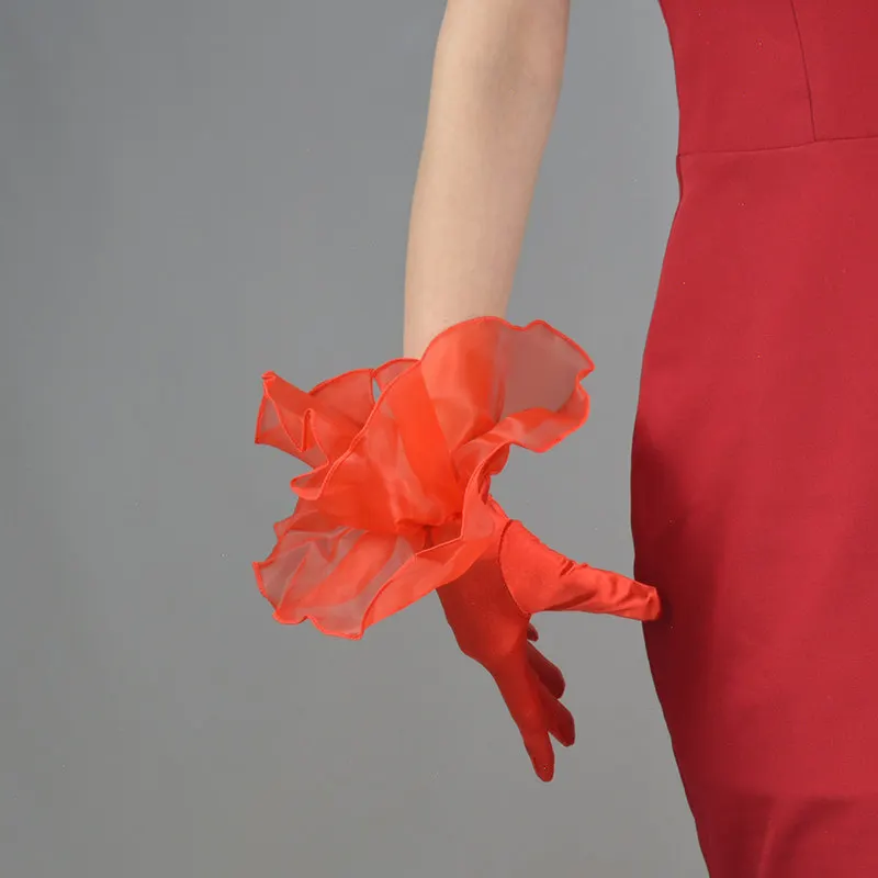 28cm SATINHANDSCHUHE Kurze Rüschen-Manschetten Sexy Wellenärmel für Damen Elegante Weiße Einfarbige Große Puffärmel Hochzeit Braut Stretch-Seide – Detail 12