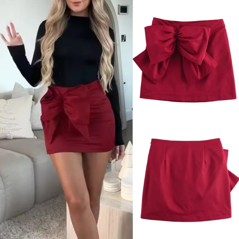 Women Vintage Chic Red Bow A Line Mini Skirt Hot Girl Big Bow Decoration Hip Skirt Party Prom High Waisted Bachelorette Skirts