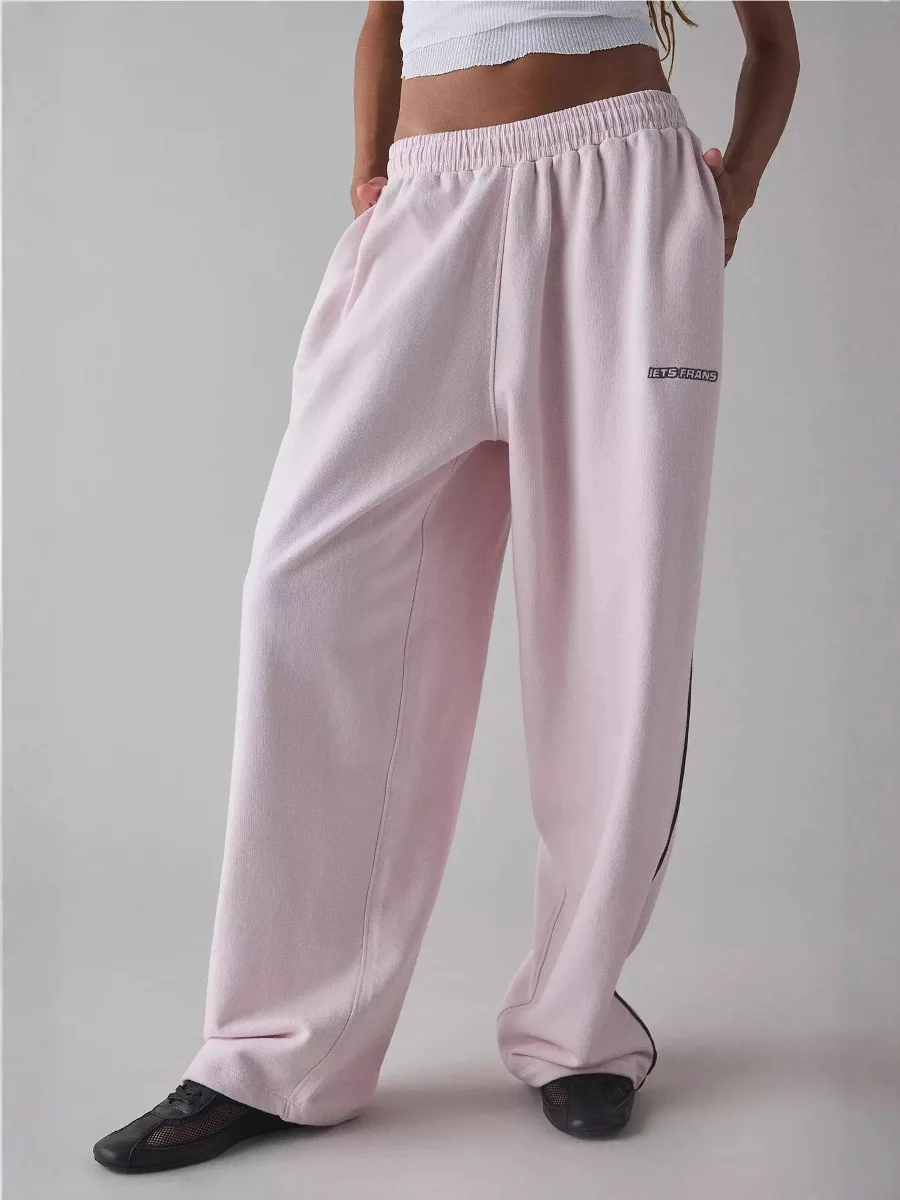 Pantalon de sport rose Y2k pour femmes, Baggy avec lettres brodées, gris, décontracté, jambes larges, basique, droit, rayé, survêtement