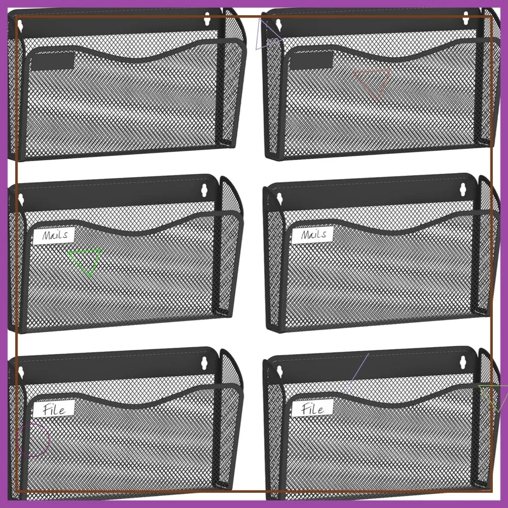 Mesh Wall File Organizer with 6 Pockets for Home Office Storage, Easy Install Metal Document Rack