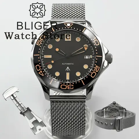 BLIGER 남성용 기계식 시계, 사파이어 글래스, 블랙 오랑 다이얼, 날짜 24, 보석 NH35, PT5000, 스테인레스 메쉬 밴드, 회전 베젤, 41mm BLIGER 남성용 기계식 시계, 사파이어 글래스, 블랙 오랑 다이얼, 날짜 24, 보석 NH35, PT5000, 스테인레스 메쉬 밴드, 회전 베젤, 41mm