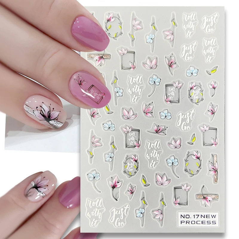 3D Geometry Flower Liner Nail Stickers Purple Flowers Lavender Butterfly Sliders For Nails Lettering Decal Manicure Decoration