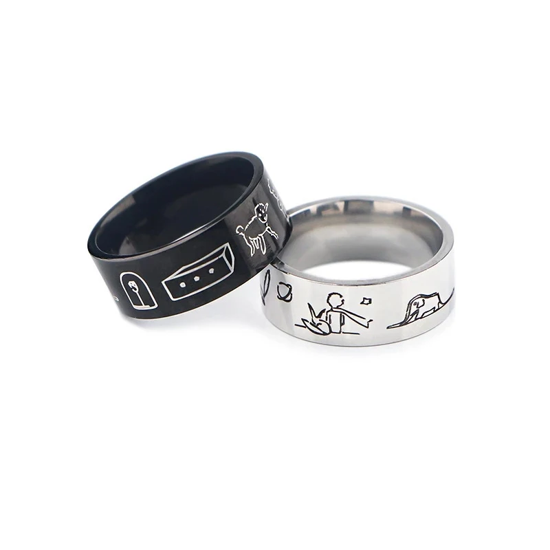 The Little Prince And the Fox Ring Pattern Stainless Steel Ring Black Sliver Color Fashion Metal Rings For Fans Finger Jewelry