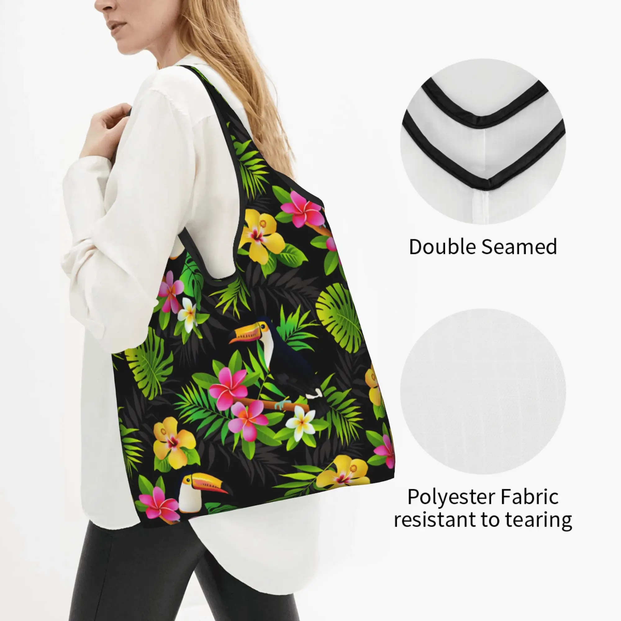 Recycling Tucan Bird Hawaiian Style Palm Monstera Shopping Bag Women Tote Bag  Tropical Plants And Flowers Grocery Shopper Bags