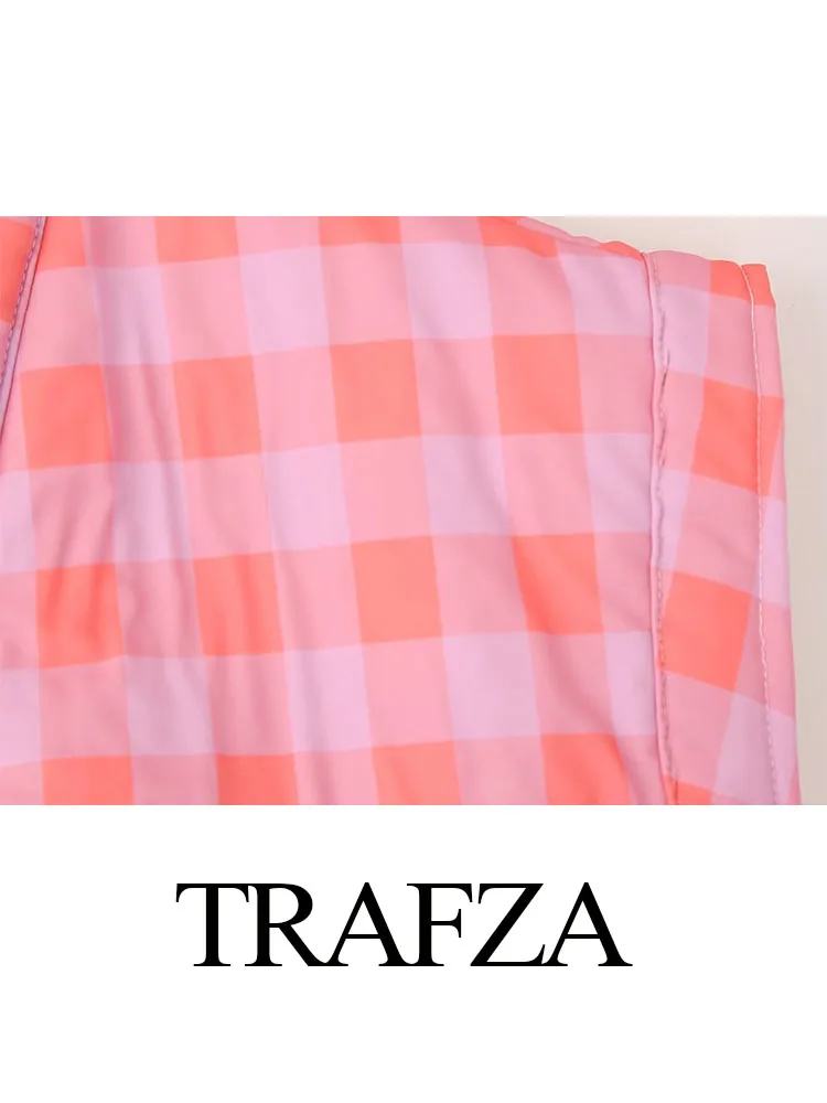 Trafza-女性用ピンクチェッカーストラップレスコート,ノースリーブ,Vネック,ポケットデコレーション,コットンパッド入り,ストリート,カジュアルジャケット,春のファッション