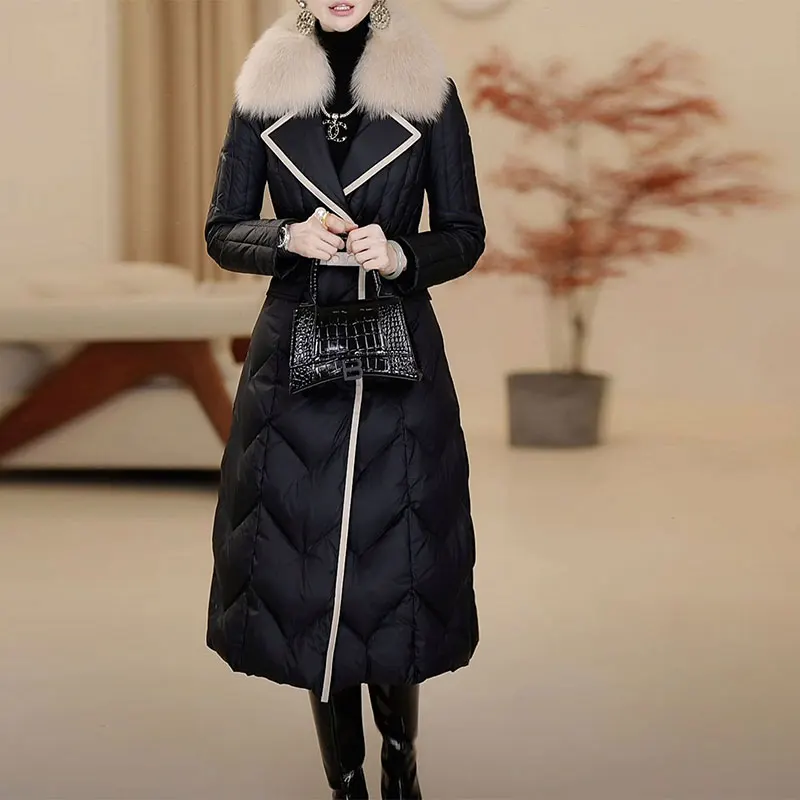 

High-End 90 White Duck Down Down Jacket Women 2025 Winter Waist-Cinching Large Fur Collar Mid-Length Warm Elegant Coat Female