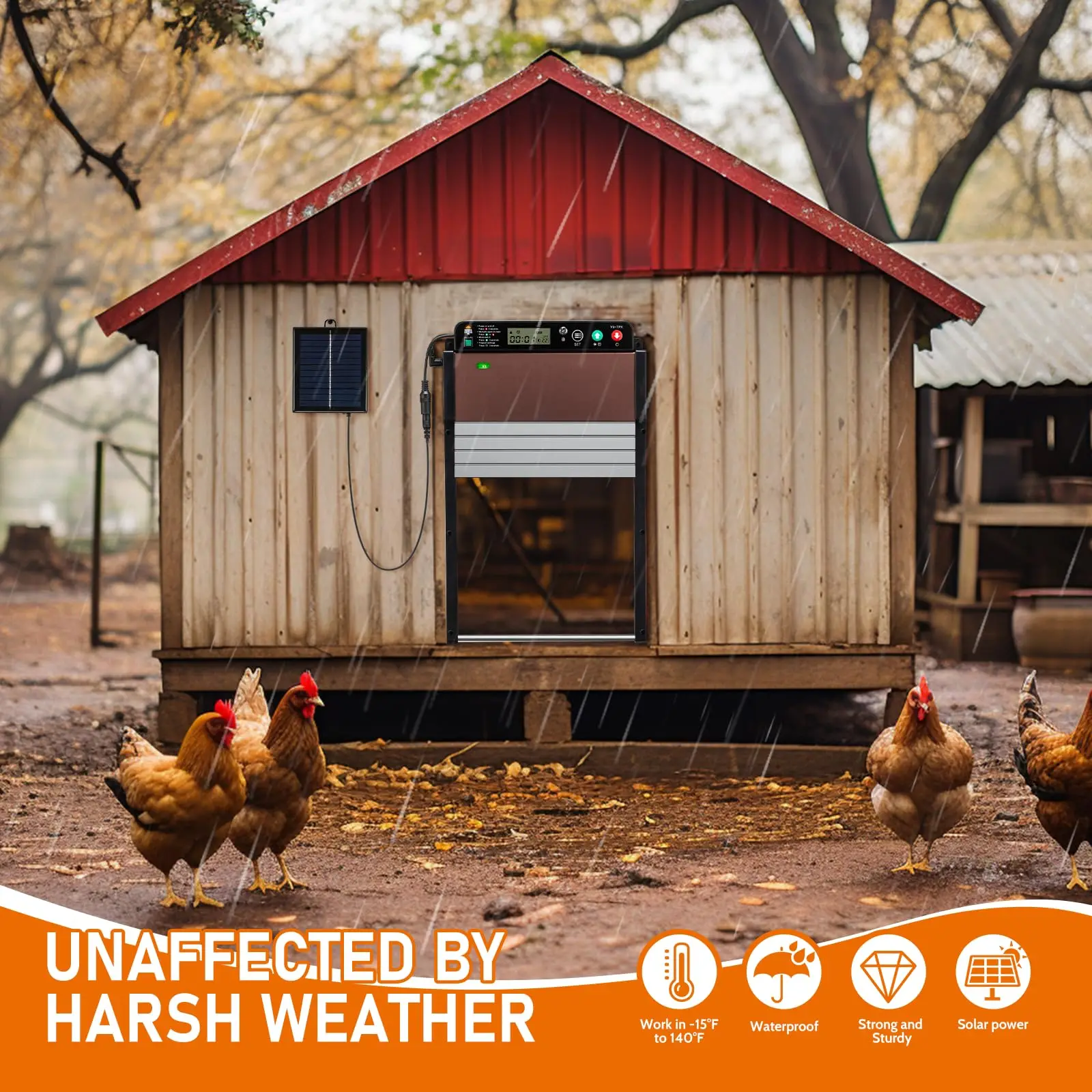 

Automatic Chicken Coop Door Solar Powered Door LCD Displayand Roll-up Door Anti-pinch Feature Solar Powered Chicken Door Opener