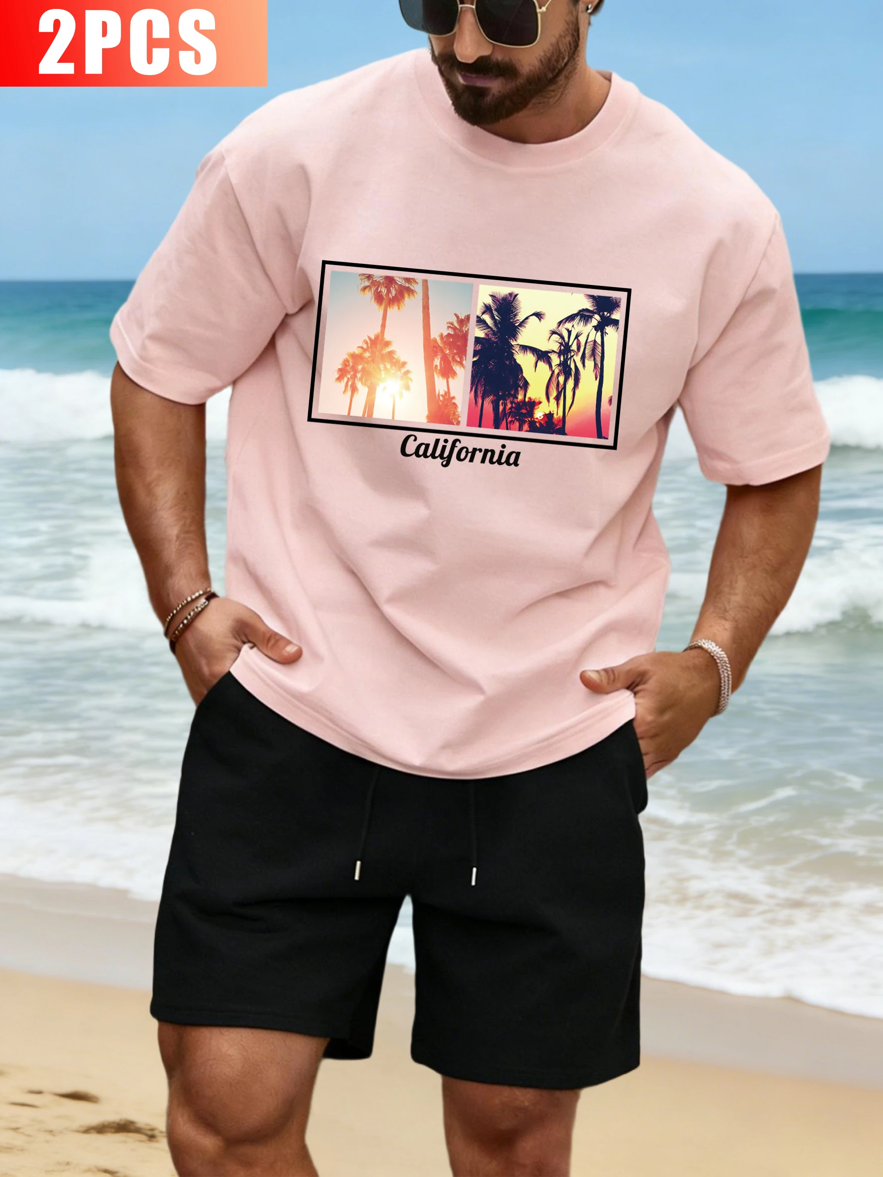 

California Coconut Tree Creative Sportsuit Man All-Match Cotton O-Neck Tee Fashion Wide-Leg Shorts Unisex Summer Loose Clothing