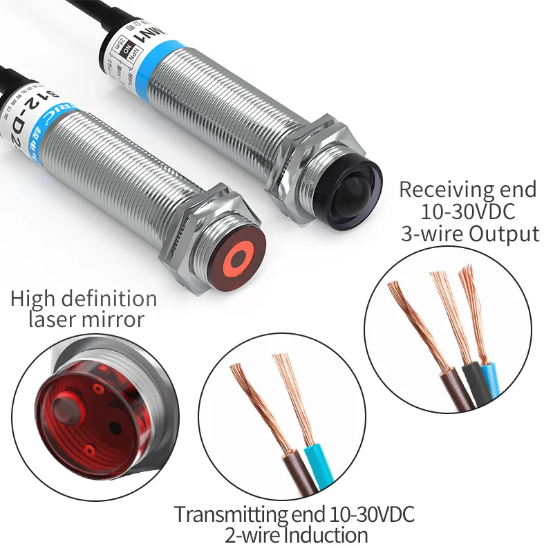 GTRIC Laser Photoelectric Sensor Through-beam M12 Series 10-30V NPN PNP Visible Spot 2mm Sensing Distance 25M Adjustable