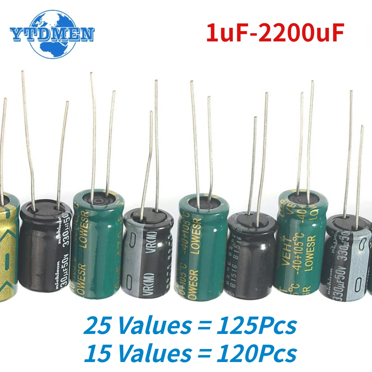 

120/125pcs Electrolytic Capacitor Kit 1uF-2200uF Aluminum Electrolytic Capacitors Assortment Set 16V 25V 50V 1uF 10uF 47uF 100uF