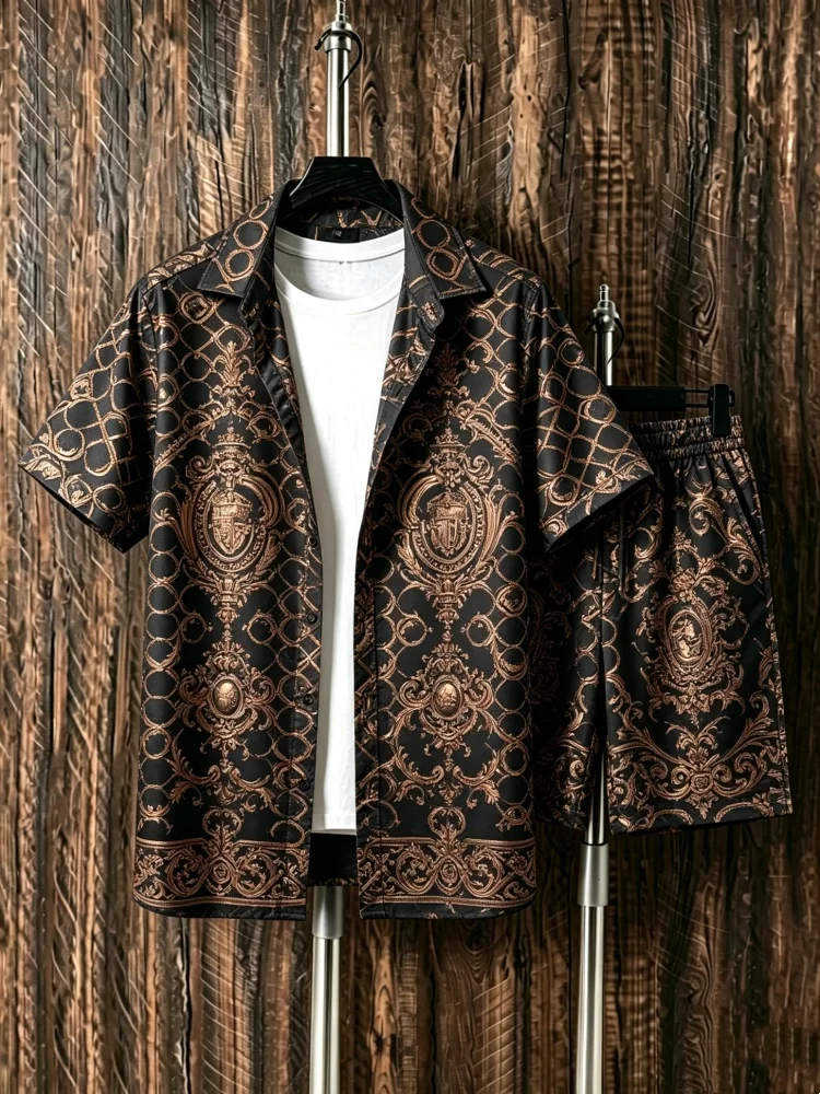 

Men's Loose Comfort 2-Piece Summer Set, Luxurious Black Gold Baroque Pattern Casual Outfit, Regal & Airy