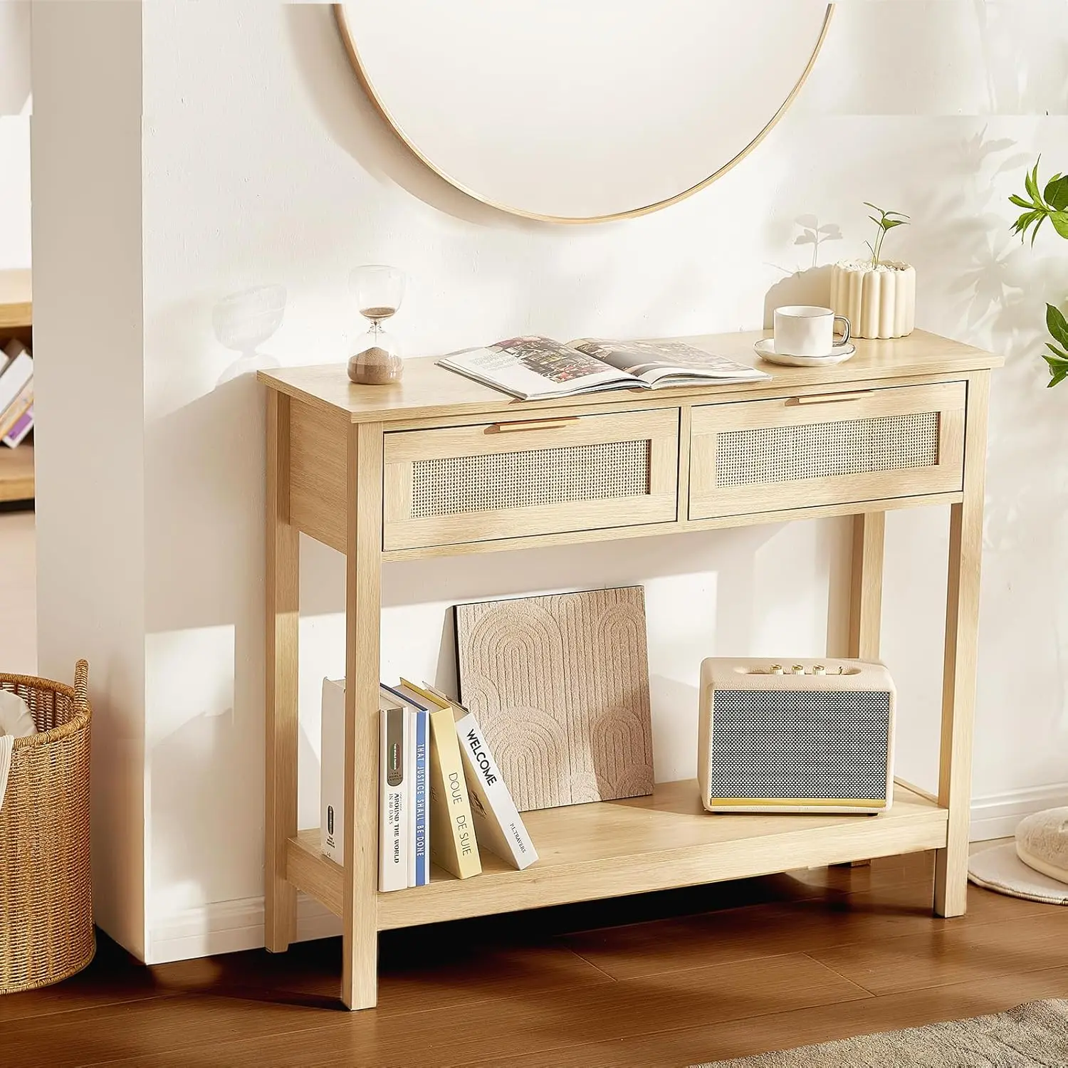 Vevor Rattan Console Table With 2 Storage Drawers, Rattan Entryway Table With Natural Rattan Sliding Door, Console Sofa Table