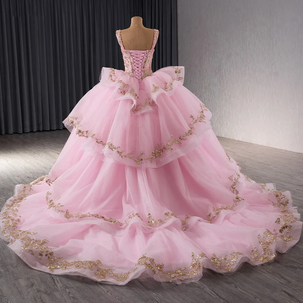 Alças de espaguete princesa Vestidos Quinceanera, lantejoulas com renda, doce vestido de festa de 15 anos, rosa, 2024