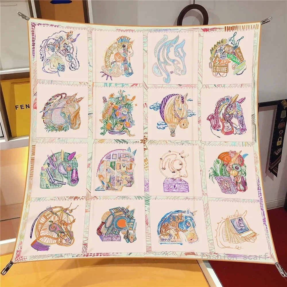 90CM Twill New Horse Prism Women\'s Decorative Shawl Large Square Scarf Headscarf Scarf Frame Painting Silk Scarf Wholesale