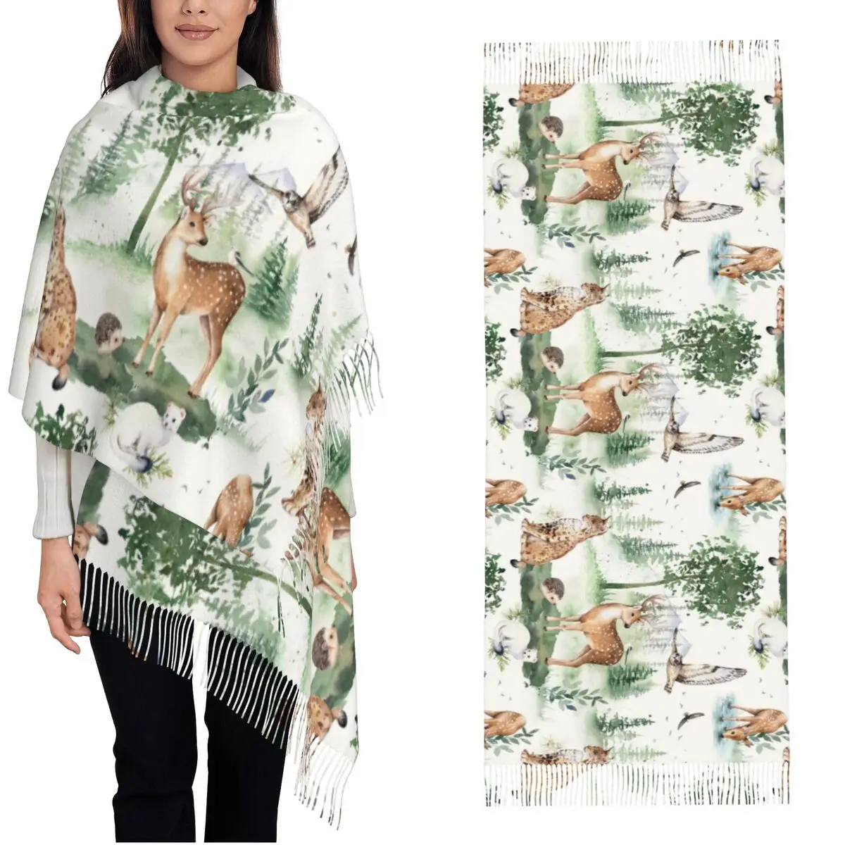 Cute Forest Deer Owl Hedgehog Nursery Design Women's Scarf Pashmina Shawls and Wraps Watercolor Woodland Animals  Large Scarves