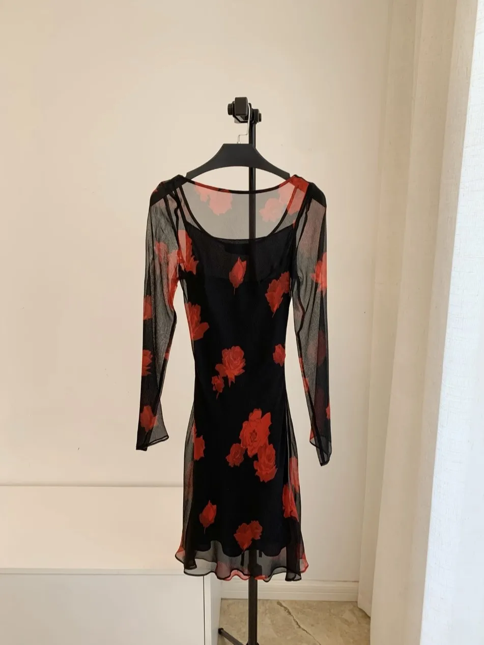 Mini Robe à imprimé floral rouge pour femmes, col bateau, manches longues, taille haute, Slim, 100% soie