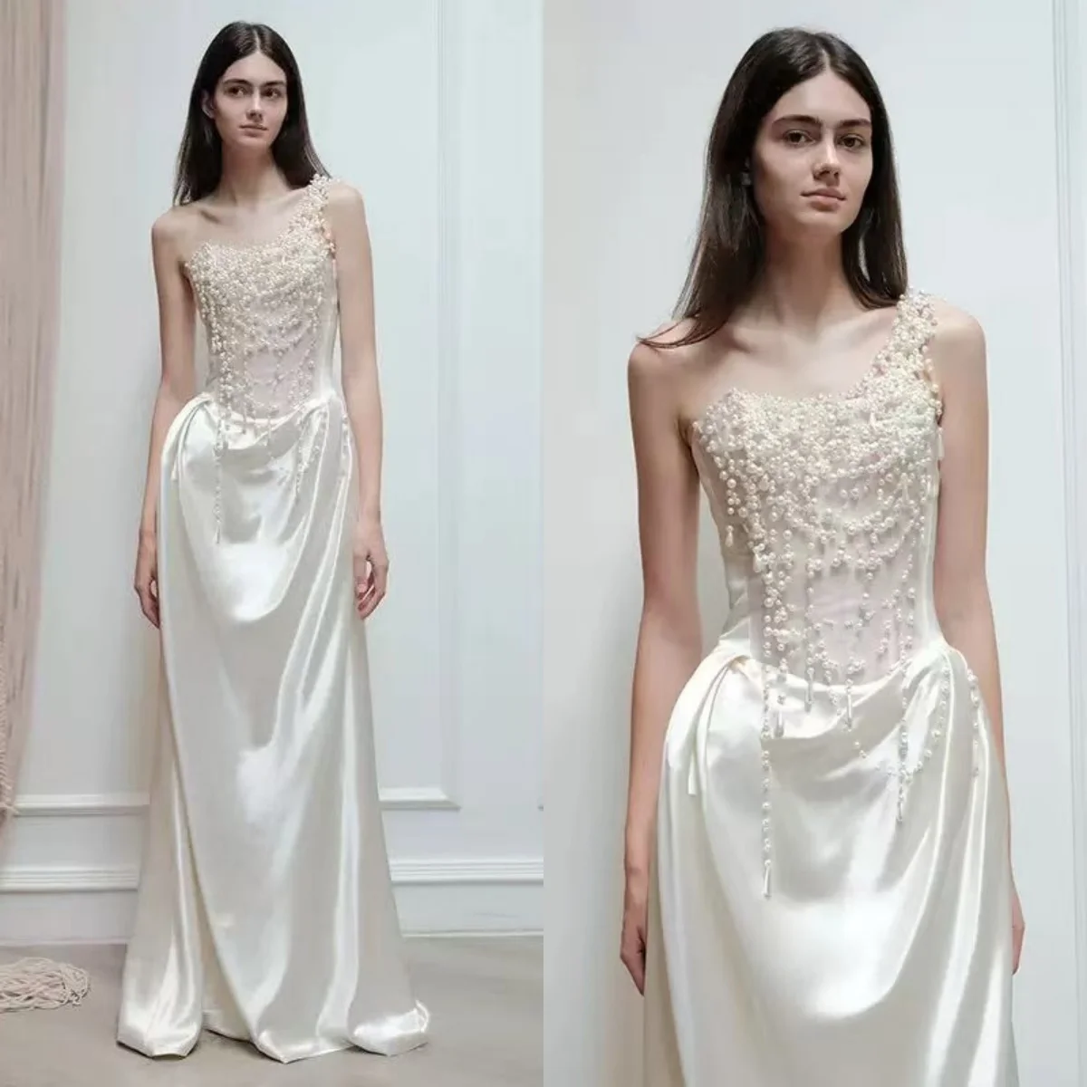 أزياء كتف واحد غمد فستان الزفاف اللؤلؤ الديكور الساتان فستان الزفاف بلا أكمام طول الأرض مخصص vestidos de novia