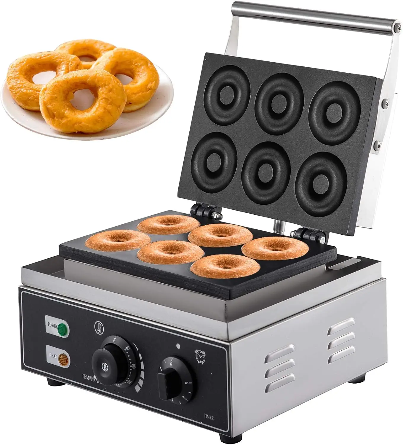 

VBENLEM 110V Commercial Waffle Donut Machine 6 Holes Double-Sided Heating 50-300℃, Electric Doughnut Maker 1550W Depth:0.55"