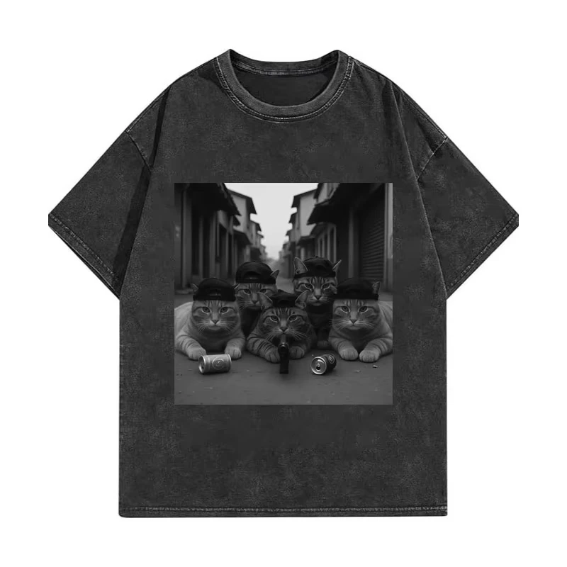 Männer Frauen Kleidung Sommer Kurzarm T Shirts Mode Lässig Lose Baumwolle T-shirts Lustige Katze Gang Meme Vintage Gewaschen T-shirt