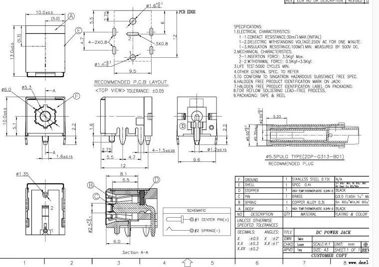 Toma de corriente de carga CC para ordenador portátil, soporte hembra de cobre de alta corriente 100, de 5,5 DC-007B 2,1mm x, 5,5x2,5mm, DC007