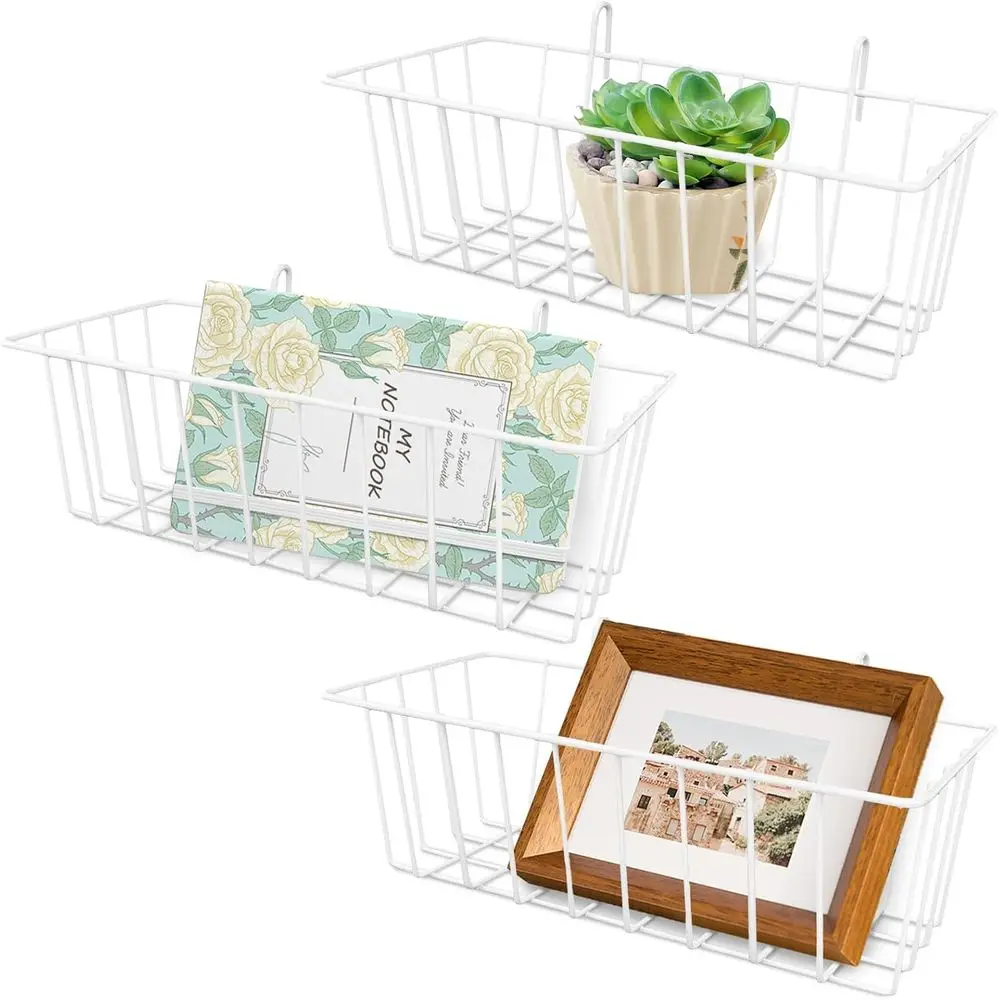 

Set of 3 Metal Wire Storage Baskets - Wall Hanging, Multi-Purpose for Kitchen, Cabinet, Pantry, Bathroom, Home Decor, and Potted