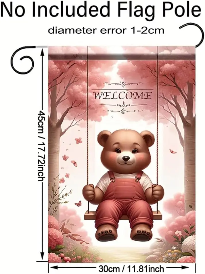Welcome Garden Flag 12x18 Inch Double Sided Outdoor Yard Banner Cute Teddy Bear Swing Design Pink Cherry Blossom Trees Flora zzo