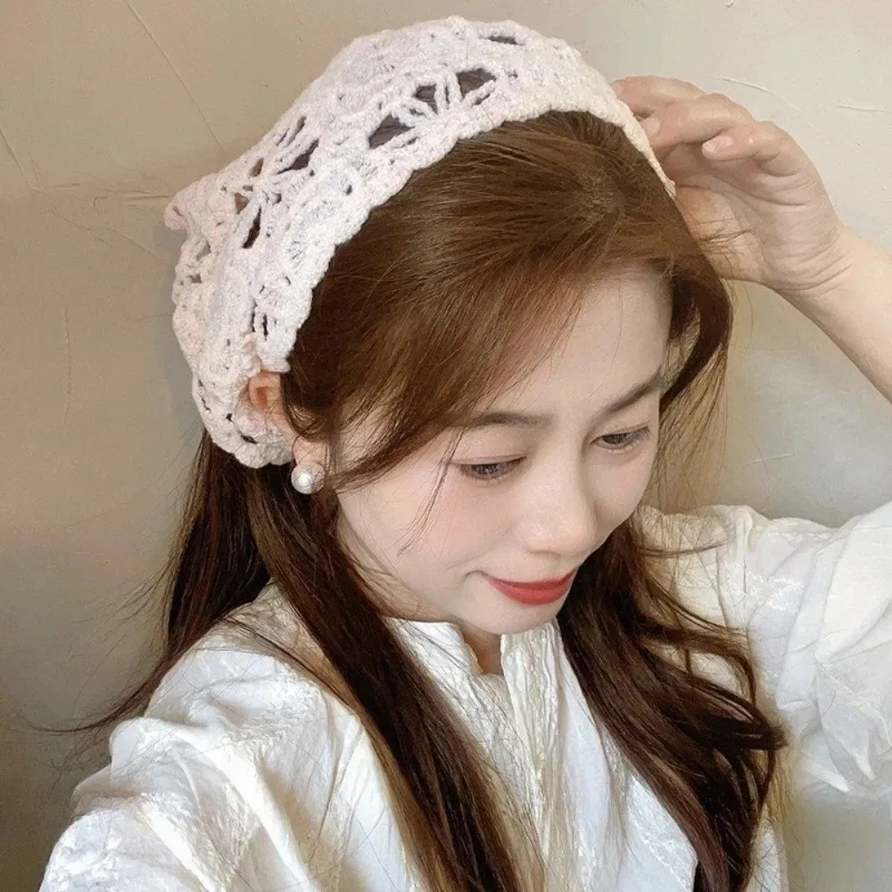 Sweet French Knitted Headband Floral Pastoral Style Triangle Turban Bohemian Handmade Women Hair Scarf Girl Hair Accessories