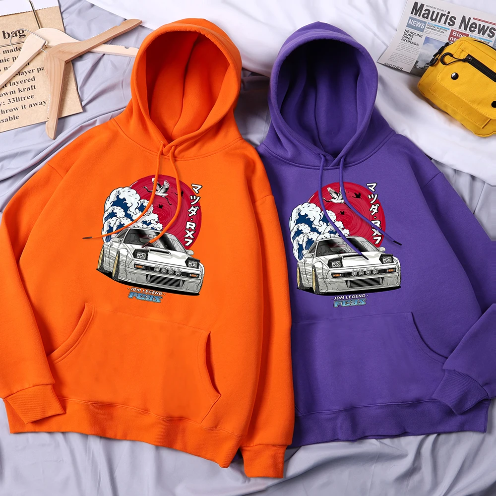 Japanese Car Waves Crane Red Sun Print Man Hoody Oversize Warm Sweatershirt Warm Casual Pullover Casual Oversize Male Clothes