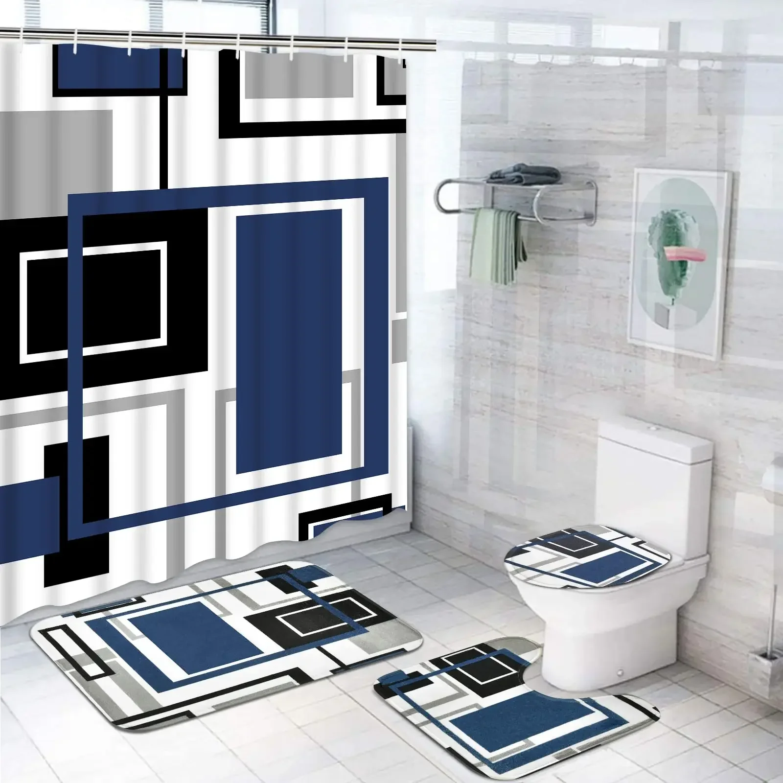 Geometric Blue Shower Curtain Set Non-Slip Rug Toilet Lid Cover Bath Mat Black Gray Bathroom Decor Waterproof