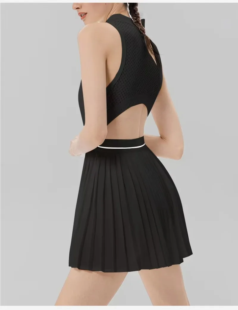 Damen-Tenniskleid mit Reißverschluss, Polokragen, integriertem BH und kurzen Ärmeln, atmungsaktives, ärmelloses Golf- und Sportkleid, schnelltrocknend, dehnbar, ideal für sportliche Aktivitäten. – Detail 13