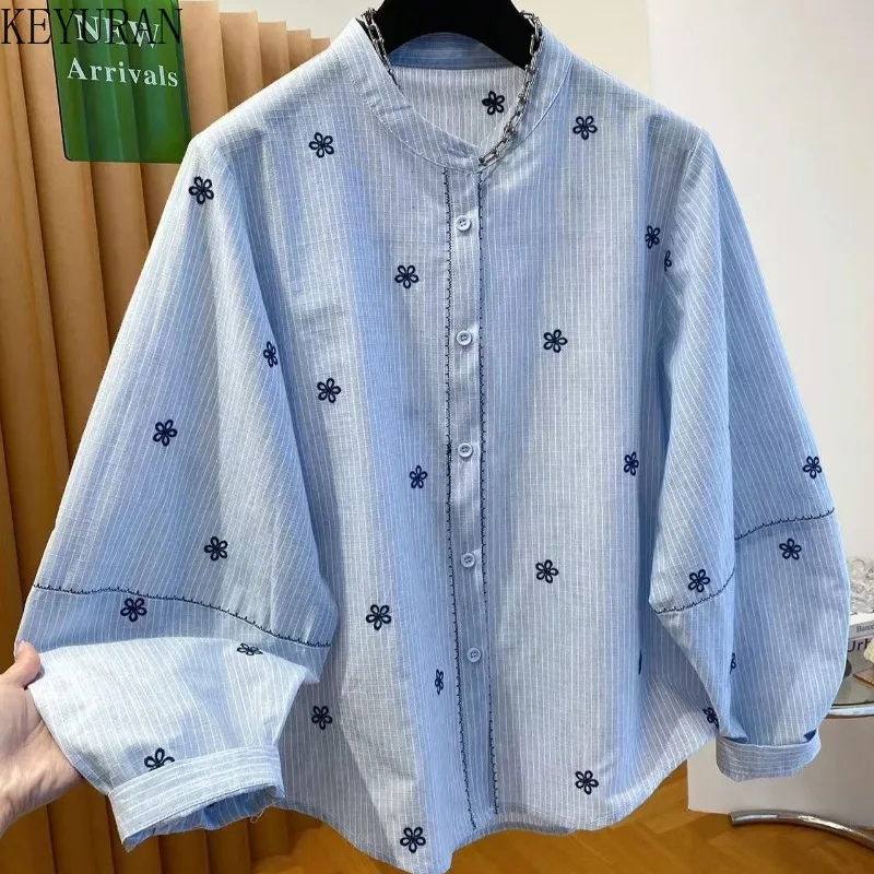 

Весенняя корейская рубашка 2026 с синей цветочной вышивкой и полосками, женская свободная повседневная блузка с круглым вырезом и длинным рукавом, топ для женщин, Camisas De Mujer