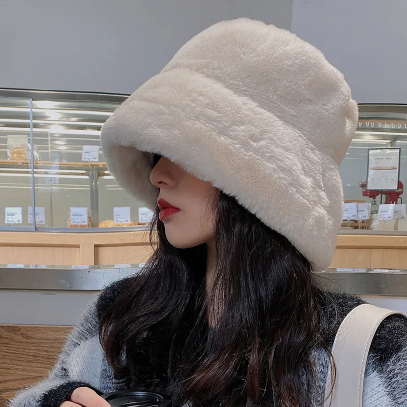 Winter Plush Bucket Hats for Women Outdoor Thick Warm Panama Cap Solid Leopard Soft Faux Fur Lady Girls Fisherman Sun Hats Hot