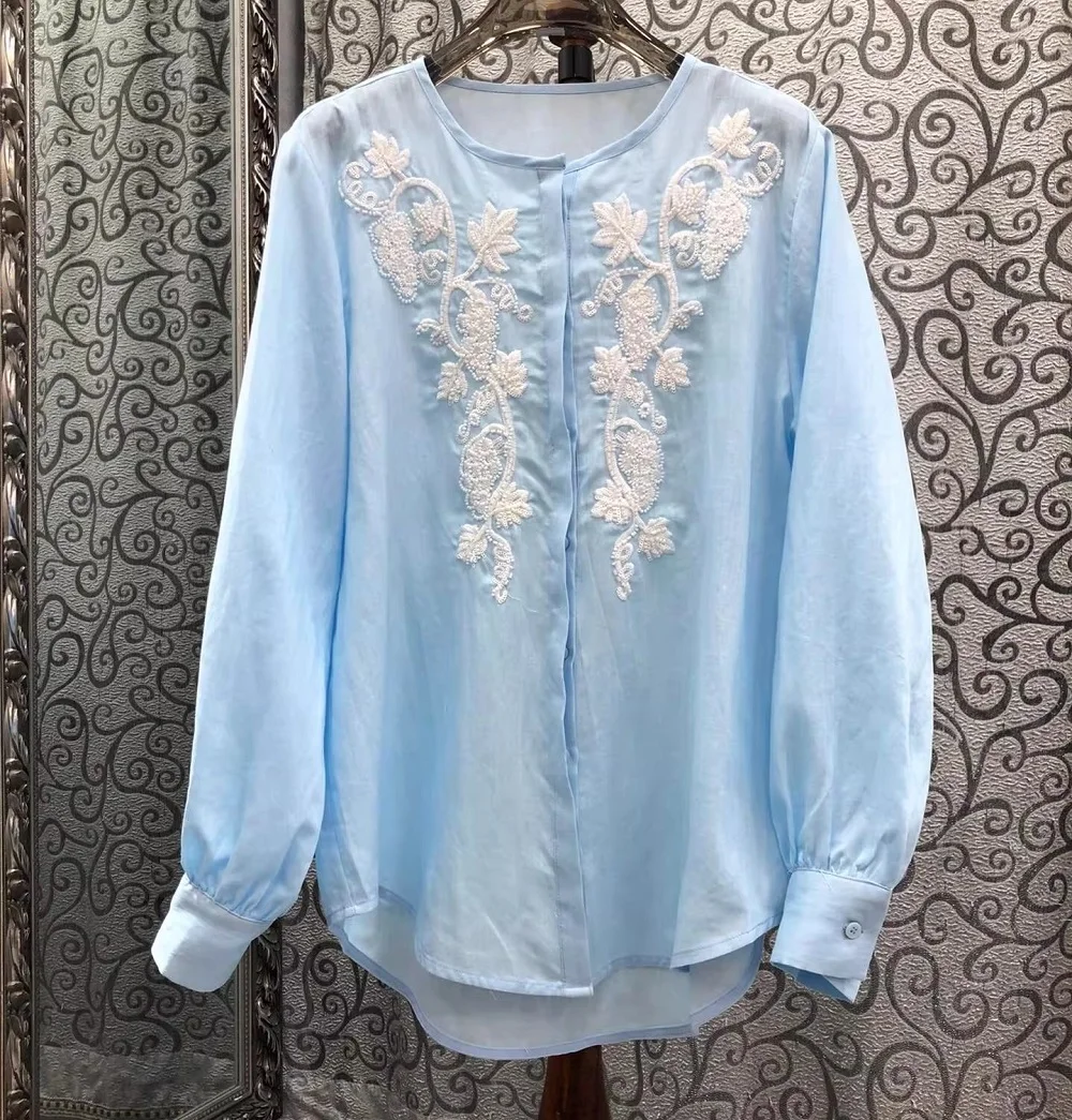 

High Quality Linen Shirts 2026 Spring Style Women Beading Embroidery Long Sleeve Casual Loose White Blue Blouse Shirts Female