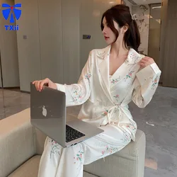 New Arrival Pajamas Women's Spring Autumn Ice Silk Long-Sleeved Trousers High-Style Women's Silk Lace-Up Outfit Home Clothes