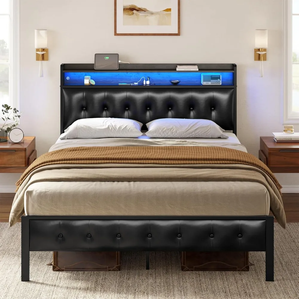

LED Bed Frame Full Size, Headboard Platform Bed Frame, 2 Charging Outlets 2 USB Ports Non-Slip Noise Strong Metal Slats Support