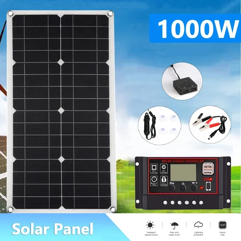 1000W Solor Panel 18V Flexible Solar Cell 10A-100A Controller Solar Plate Power Bank For Phone Camping RV Car Battery Charger