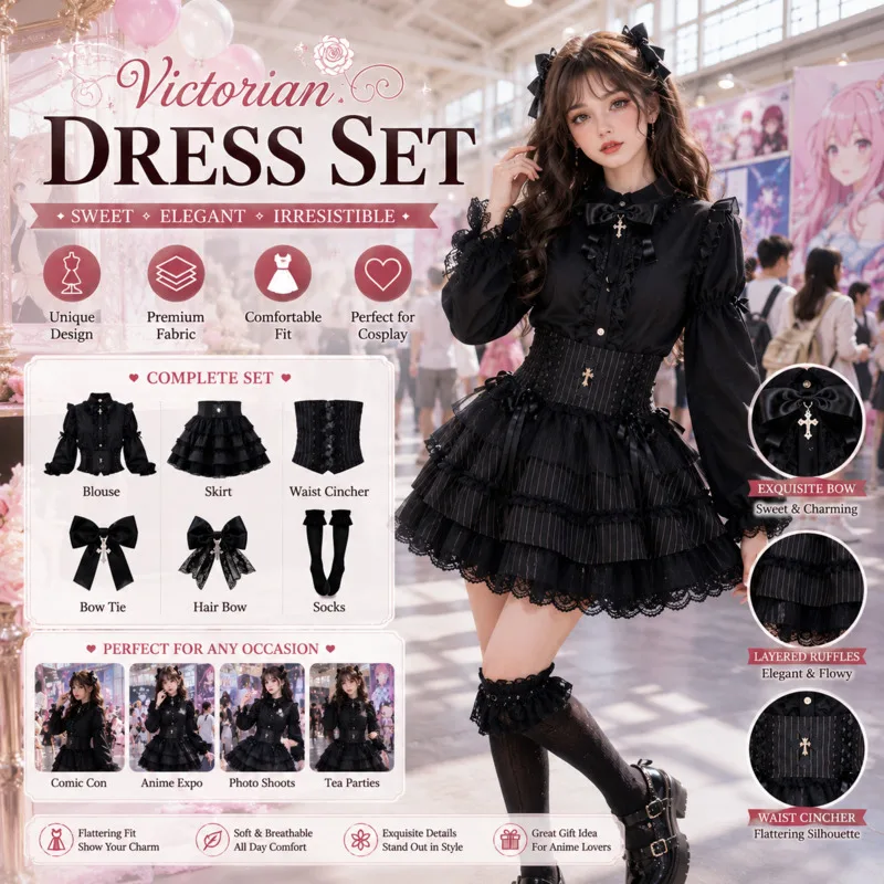 Bow Y2K Gothic Lolita Top JK Blouse Long Sleeve Lace Cross‑Pendant Top Women Girls Cosplay Party Sweet Kawaii Dress‑up Gift New