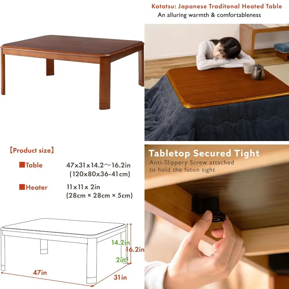 

Japanese Style Heated Wooden Chabudai Table, 47x31 inches, 120V Electric Heating for Dining and Work Desk