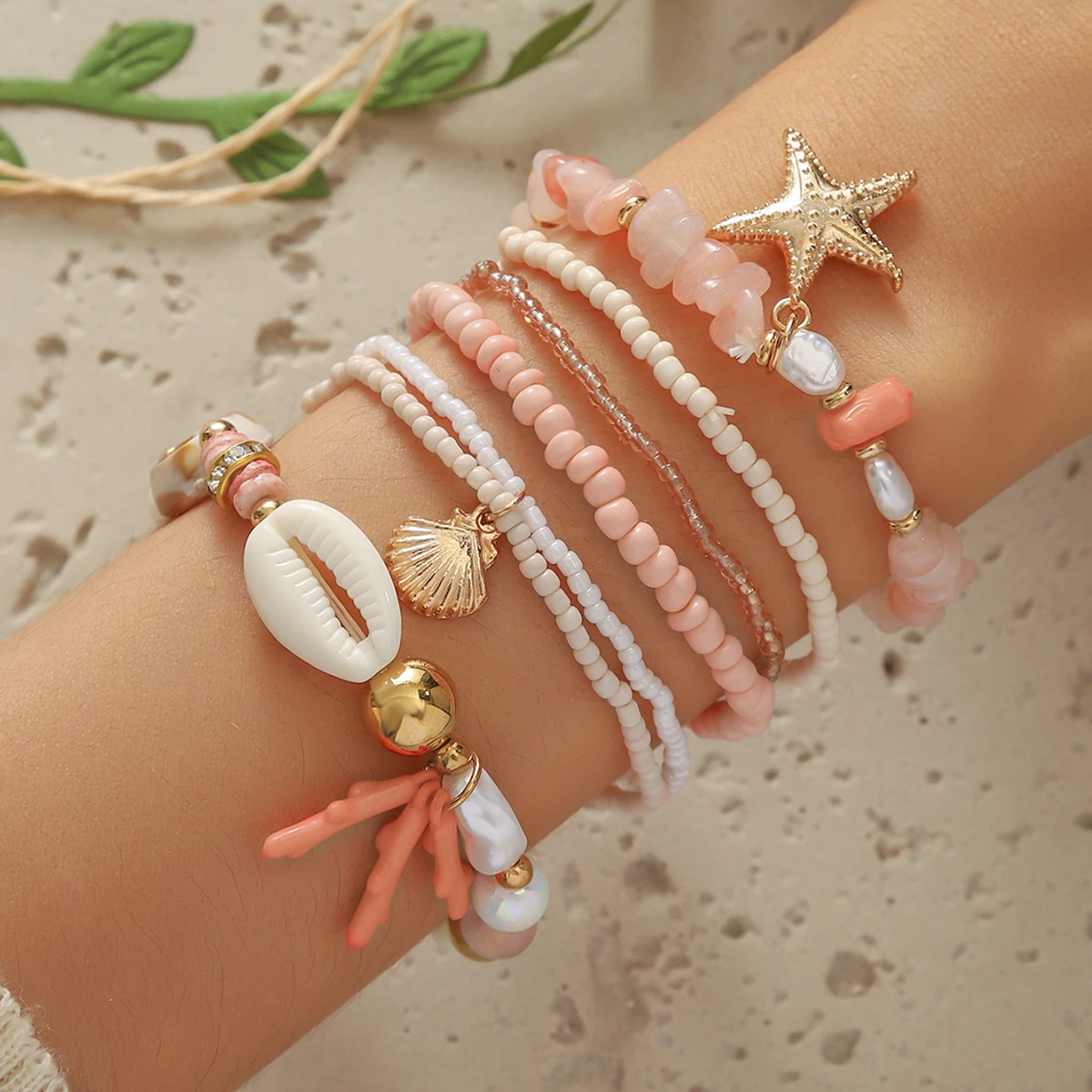 Ręcznie robiona bransoletka damska z koralików w stylu boho, bransoletka z koralików ryżowych rozgwiazdy, koral z muszli, modna bransoletka oceaniczna, 6 sztuk — zdjęcie 4