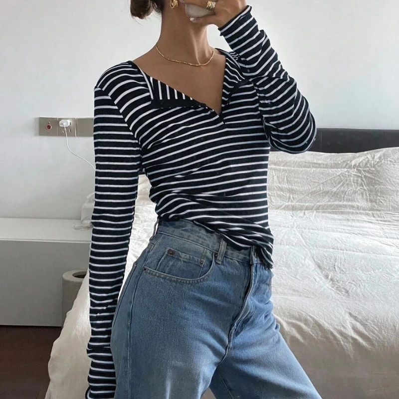Women T Shirt Women's Striped Henley Shirt Long Sleeve Button Front Top Slim Fit Notched Collar Casual Basic Tee Y2K Streetwear