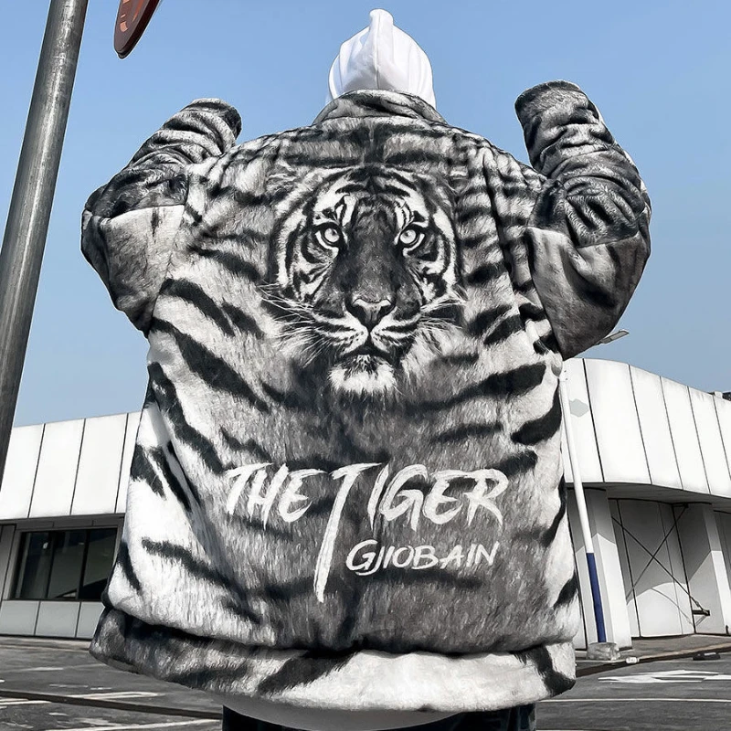 Trendy Couples' Streetwear Brand Tiger Head Print Winter Jacket - Unisex Ins-Hit Loose Fit, Warm & Versatile for Autumn & Winter