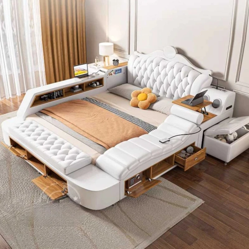 

High End Nordic Double Bed Designer White aesthetic Platform Full Size Bed Frame Wood multifonction Cama De Casal Home Furniture
