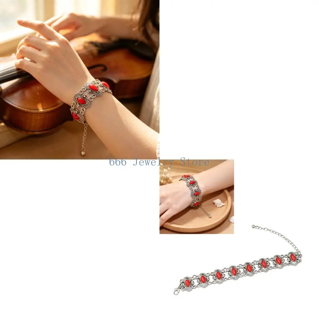 F2TD Vintage Wrist Jewelry Bracelet Silver Tone Engraving Detail and Adjustable Extender Wristband for Women Travel Looks