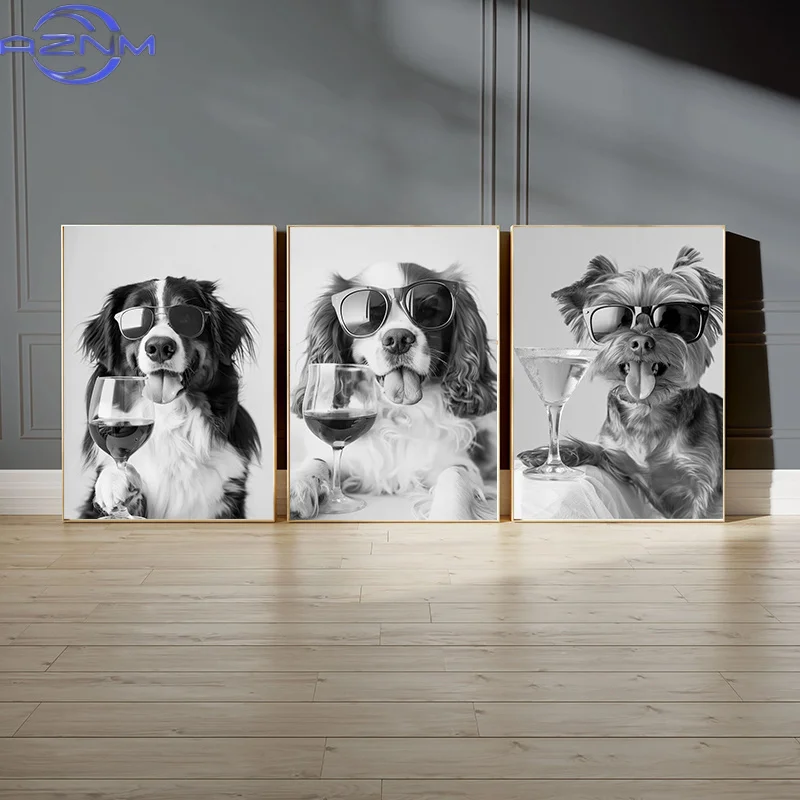 Funny Animal Collies Drinking Champagne Minimalist Animal Portraits Poster Canvas Paintings Wall Art Pictures Home Decor
