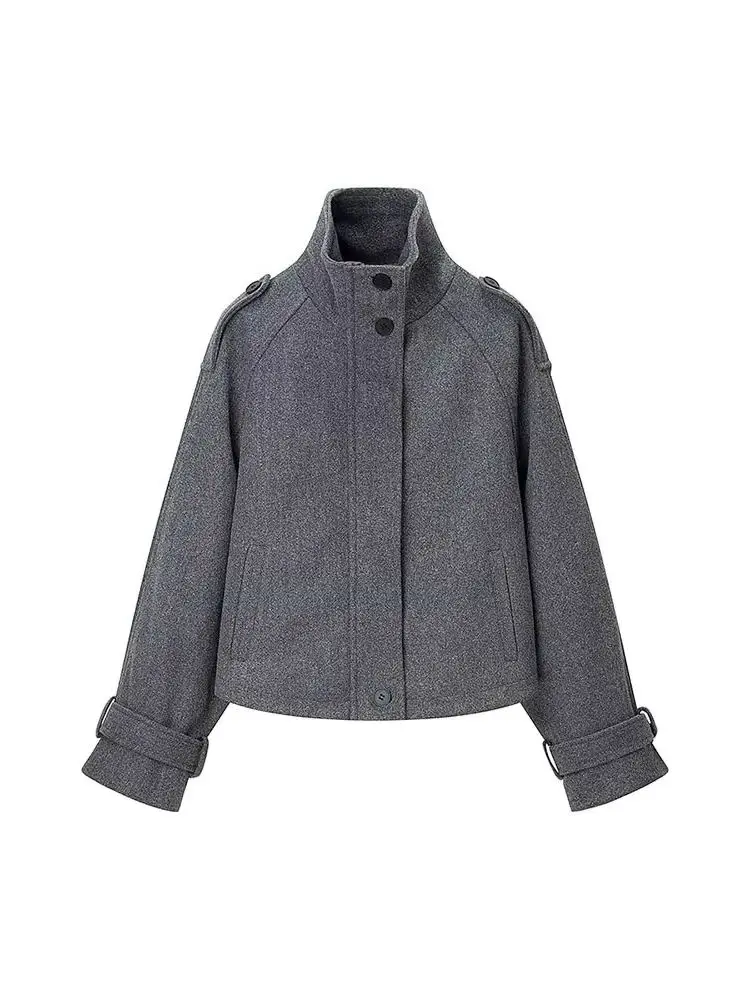

HH Women High Collar Pockets Zipper Single Breasted Decoration Casual Short Coat Fashion Loose Long Sleeves Street Jacket