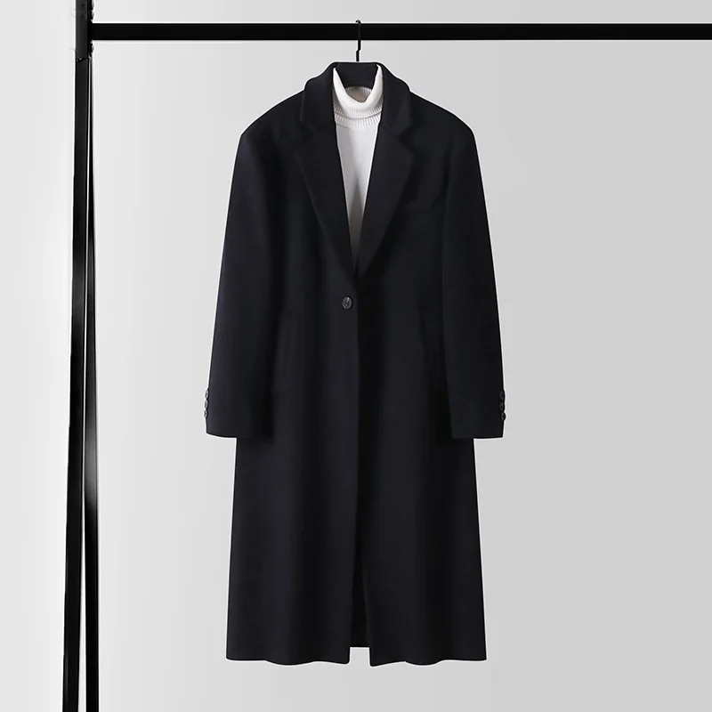 Autumn Winter Long Oversized Warm Soft Black Trench Coat Men with Shoulder Pads Loose Casual Korean Fashion Overcoat